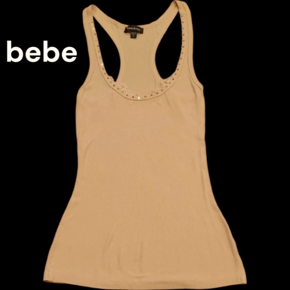 Charlotte Russe Tops - bebe Cream Racer Back Tank Top with Lace & Gem Details. Size Small